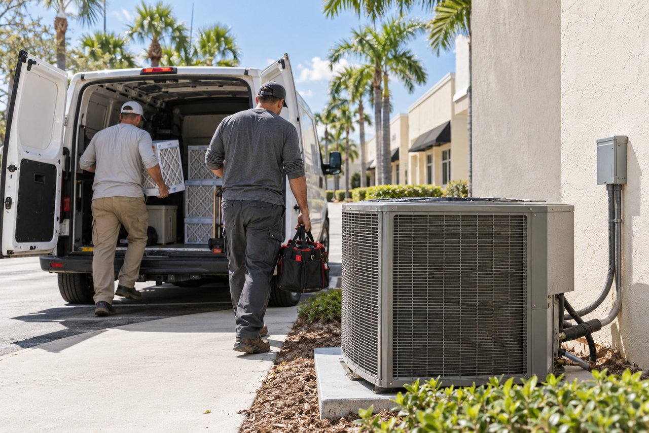Two technicians loading an unmarked service van outside a small commercial shop on a sunny Lee County boulevard